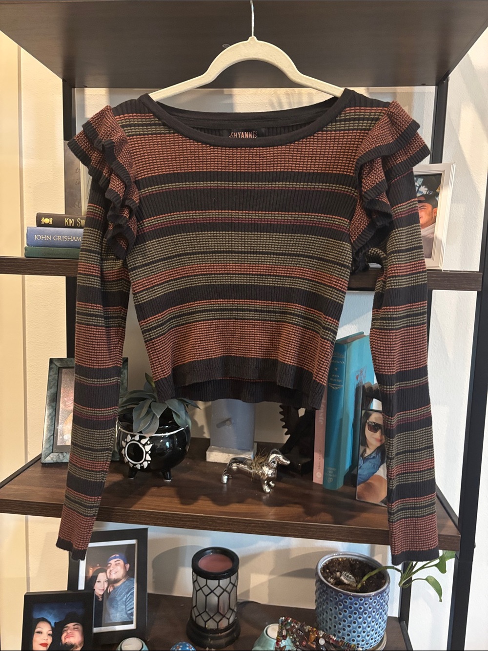Shyanne Black Ruffle Ribbed Sweater Rust and Olive Stripes Western XL